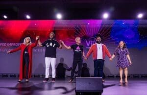 Rae Lewis Thornton, Dr. Keith Green, Jeff Berry, Louie Ortiz Fonseca, Grissel Granados during “Beyond Belief” at USCHA. Courtesy of ViiV Healthcare.